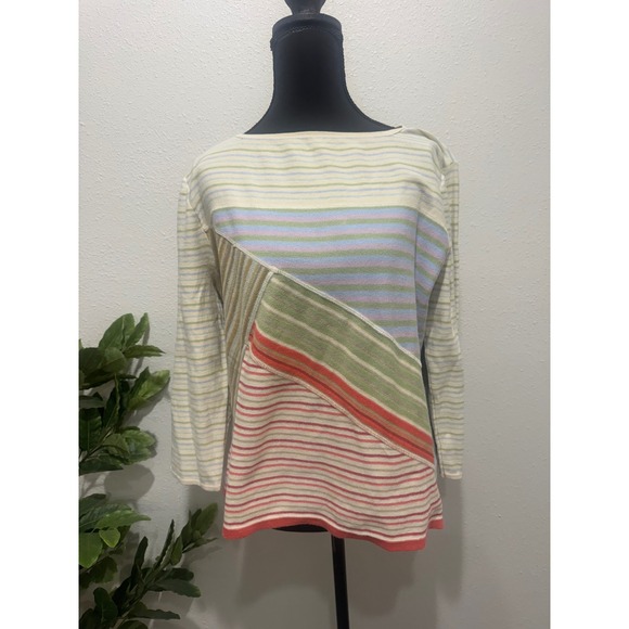 J. Jill Sweaters - J. Jill Multi Color Striped Patchwork Cotton Knit Boat Neck Sweater Top Large